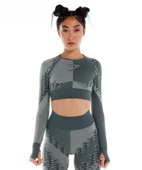 Women's Gymshark Wtflex Cyborg Seamless Long Sleeve Cropped Tops Grey | NZ 2RSMHU